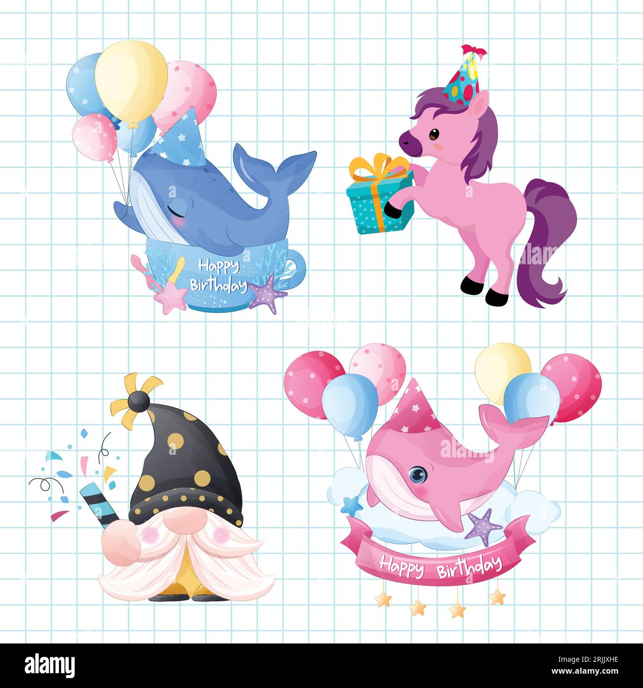 Vector birthday party elements set cute cartoon animals vector illustration Stock Vector