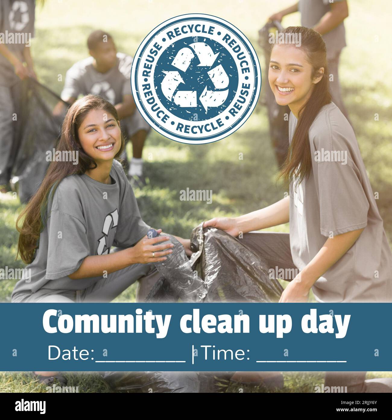 Composite of community clean up day text over diverse girls recycling Stock Photo