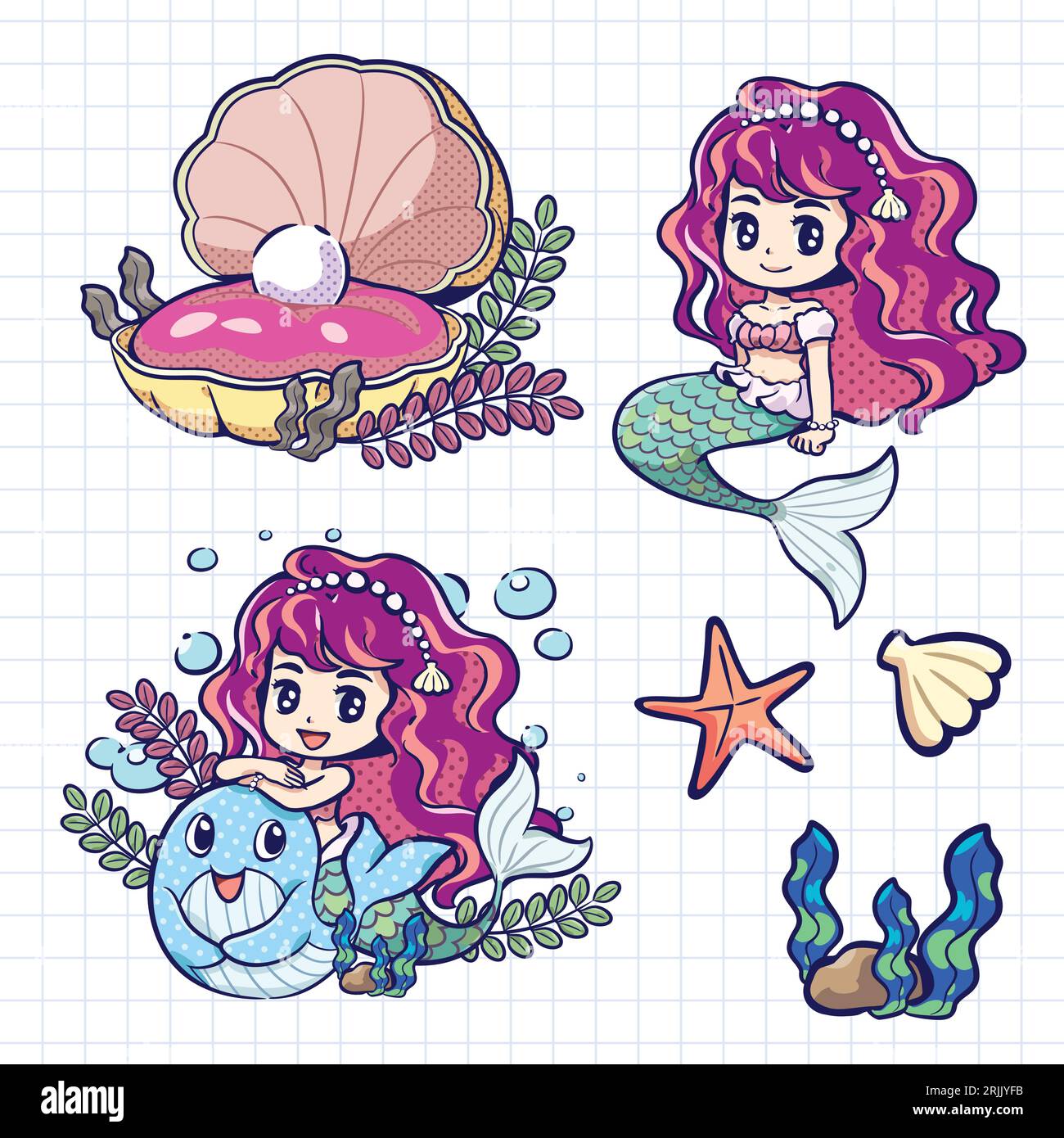 Seamless pattern with cute mermaids and sea shells Stock Vector