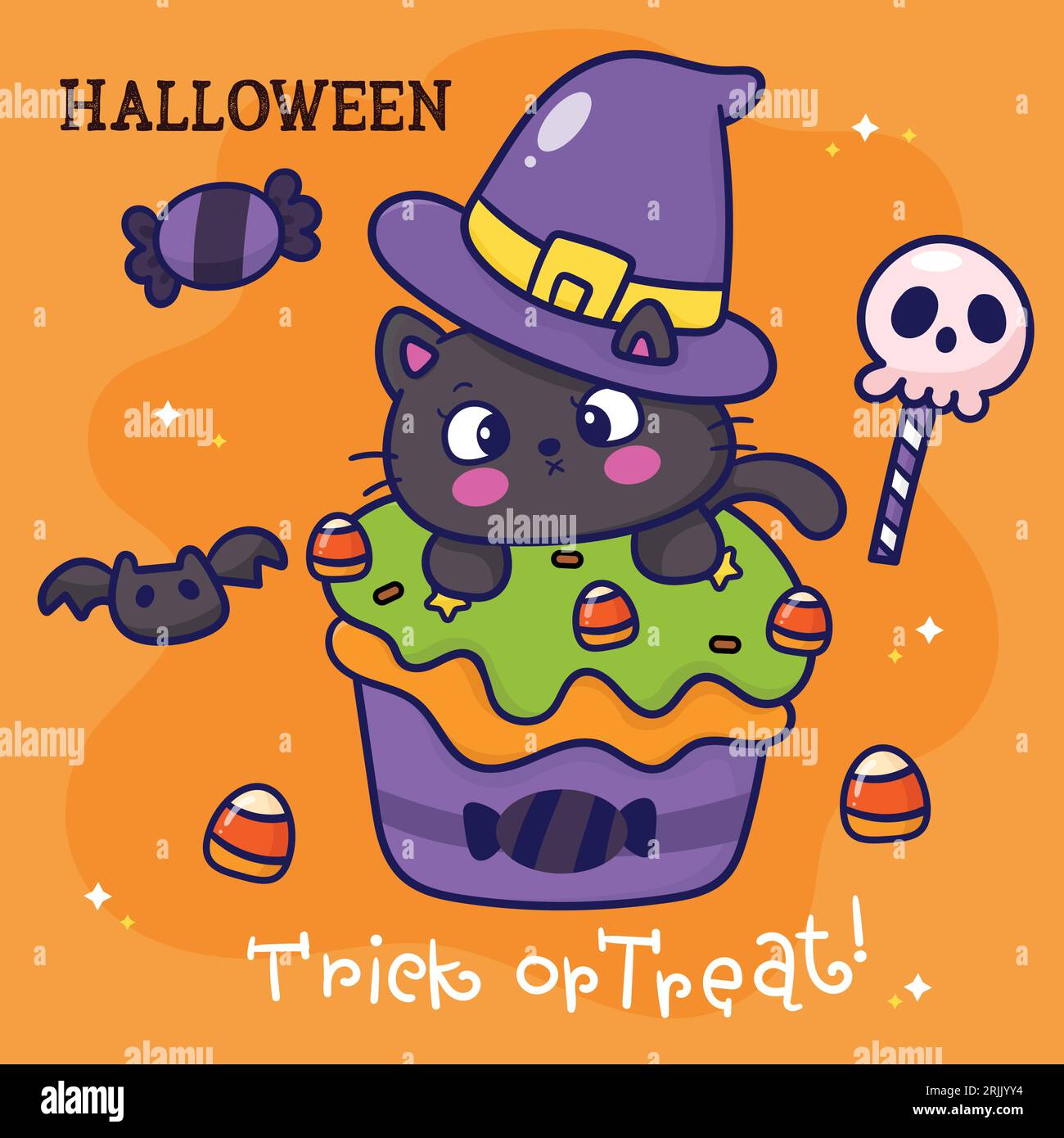 Vector happy halloween card cute cartoon black cat in witch hat with ...