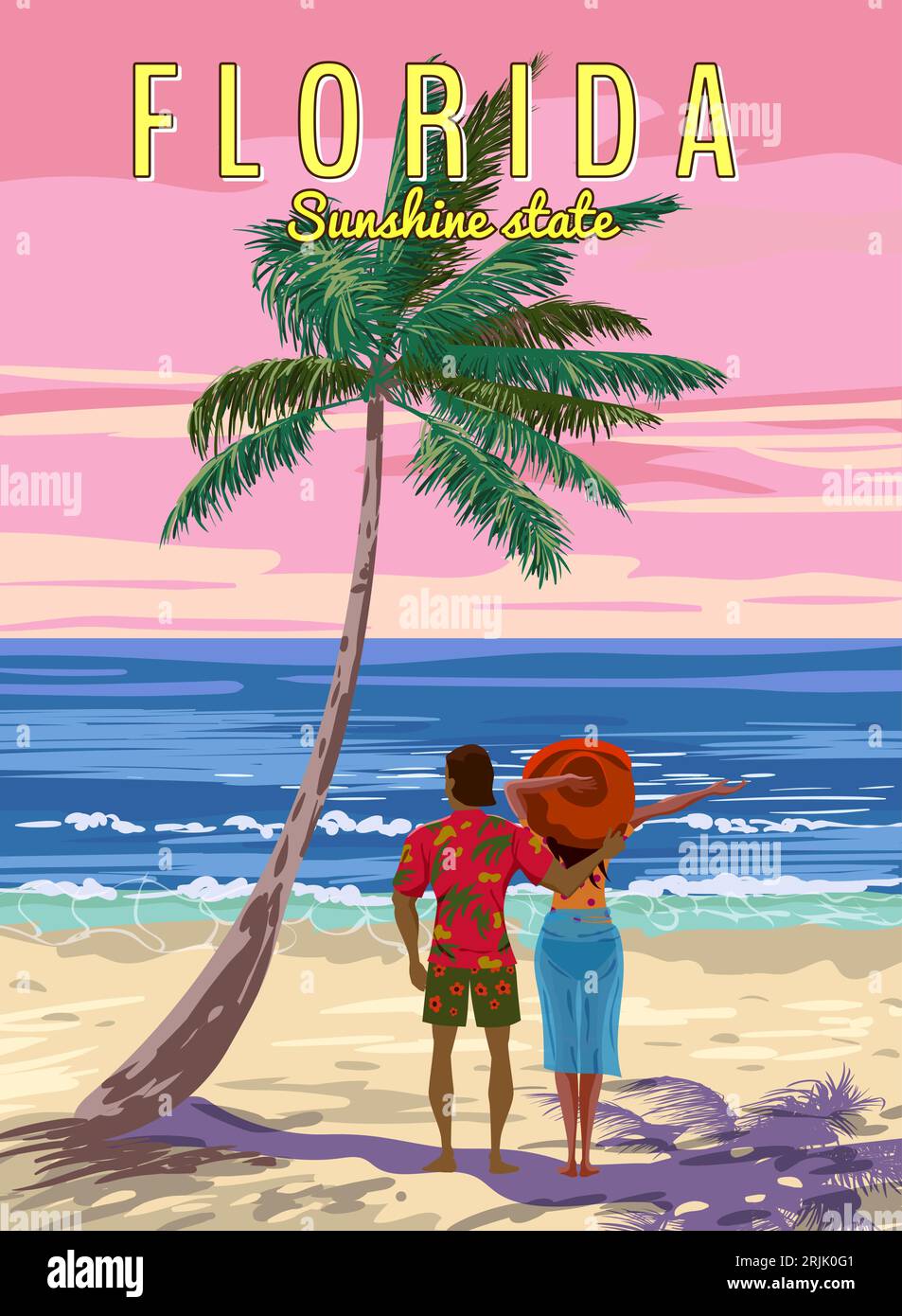 Florida Beach Retro Poster. Coulple in love on vacation resort, palm on