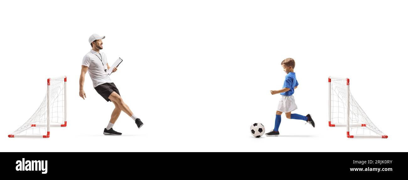 Coach praticing football with a boy isolated on white background Stock