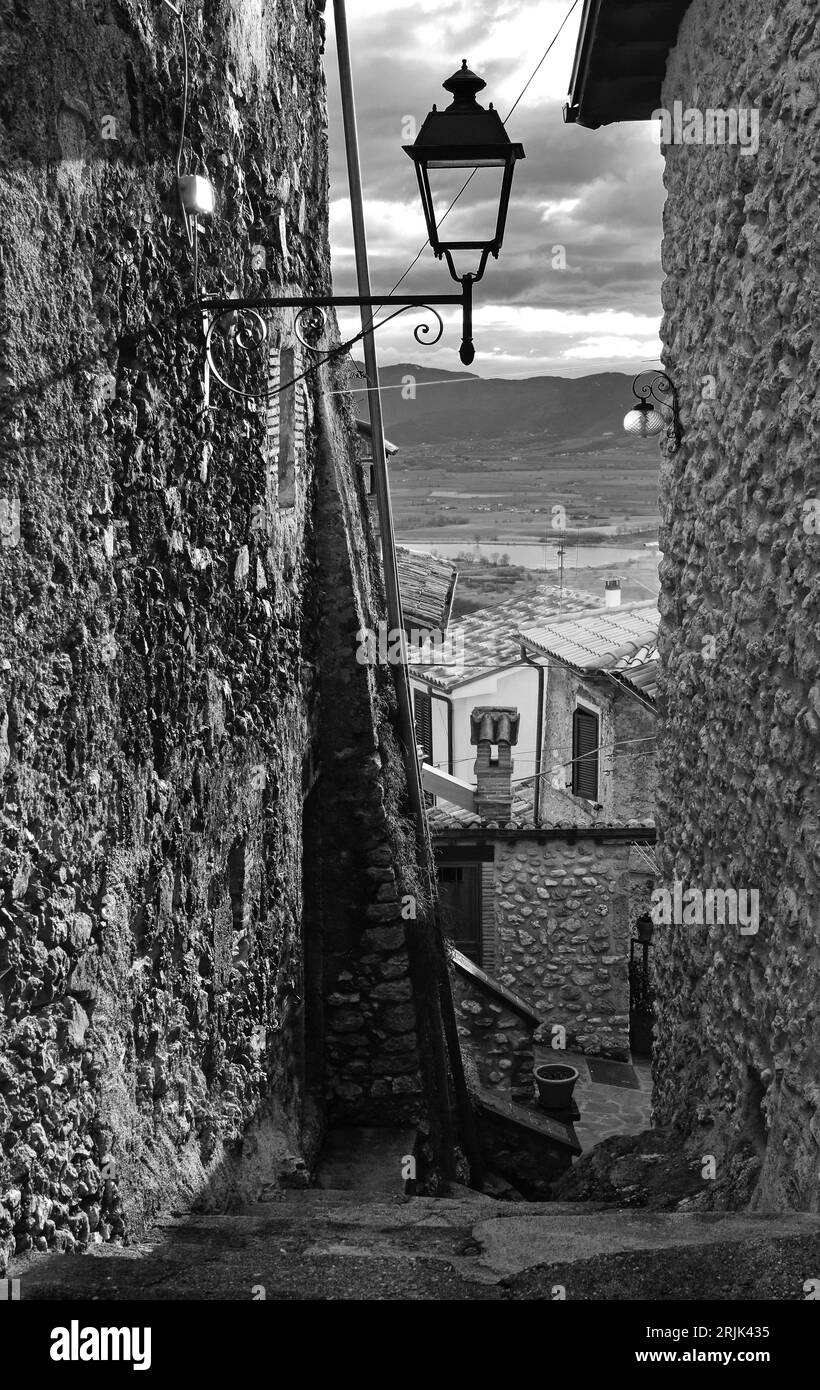 Poggio Bustone (Italy) - A little medieval town beside Rieti, city of origin of the famous died singer Lucio Battisti, who is dedicated to the statue Stock Photo