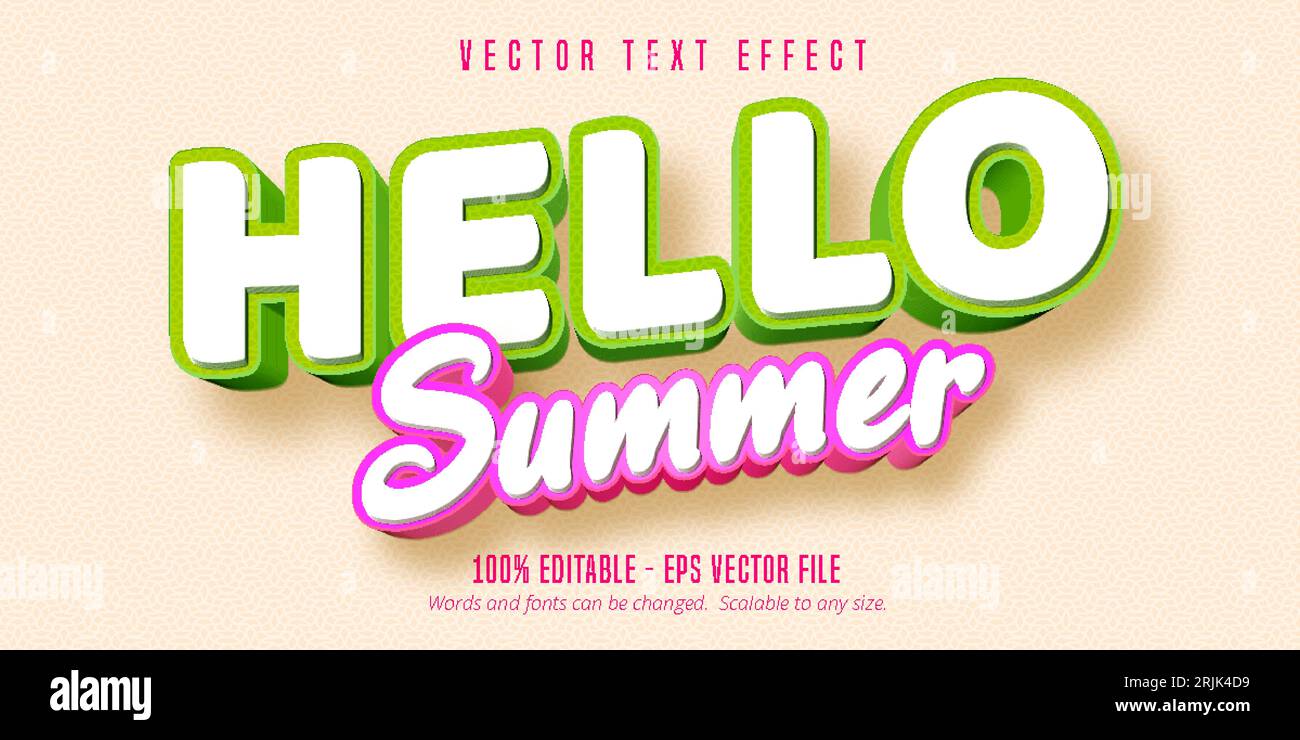 Hello summer text, comic style editable text effect Stock Vector