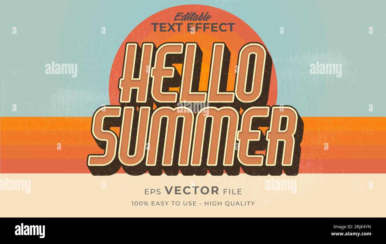 Editable text style effect - retro hello summer text in grunge style theme Stock Vector
