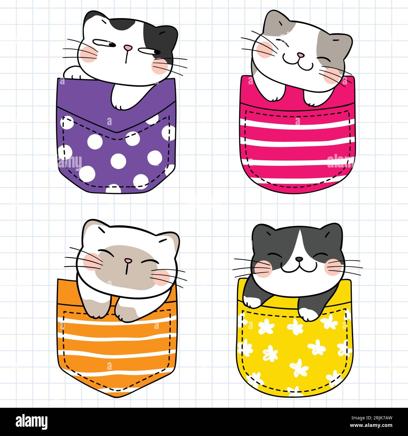 Set of cute hand drawn cats in pockets. Vector Illustration Stock ...