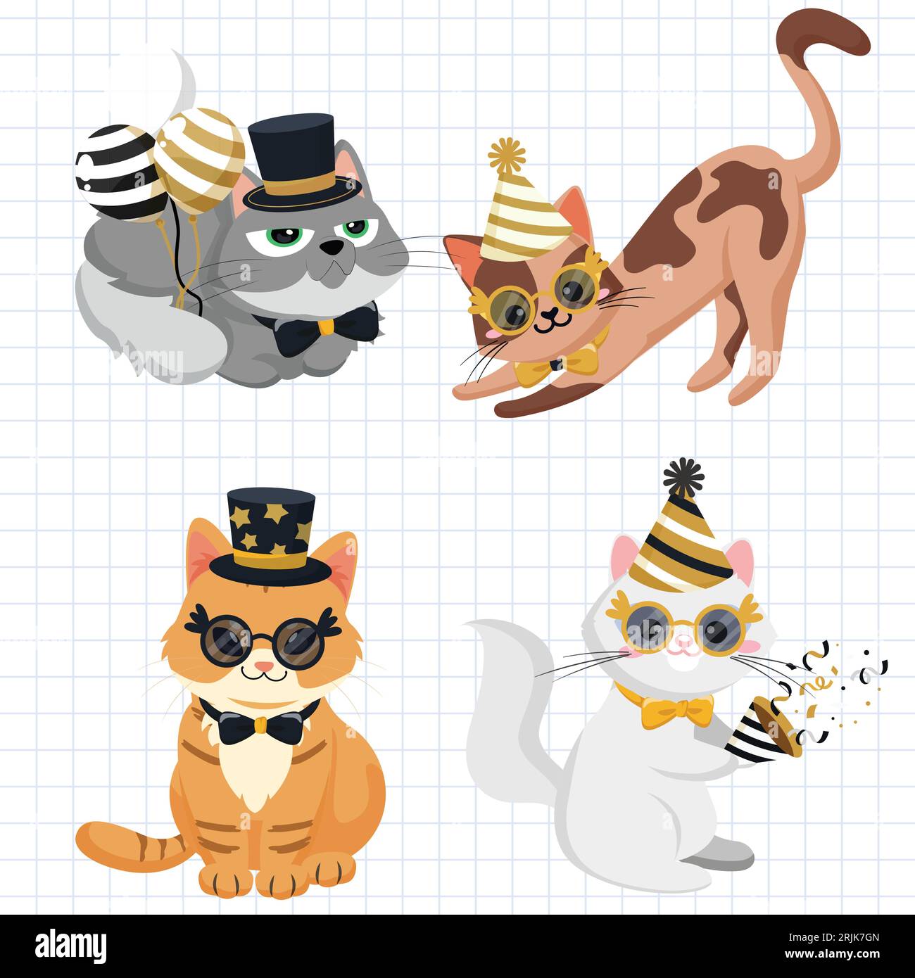 Happy New Year card with cute cartoon animals Vector illustration on ...