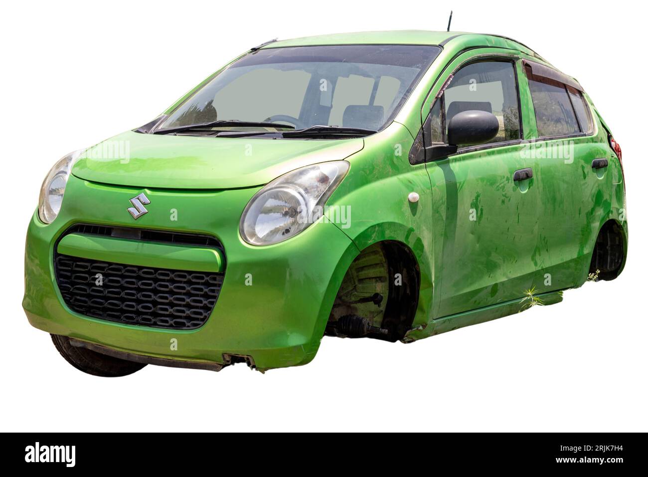 Small japanese car after road accident closeup: Swat,Pakistan - June 10, 2023. Stock Photo