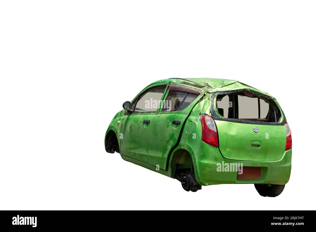 Suzuki car after road accident on white background: Swat,Pakistan - June 10, 2023. Stock Photo