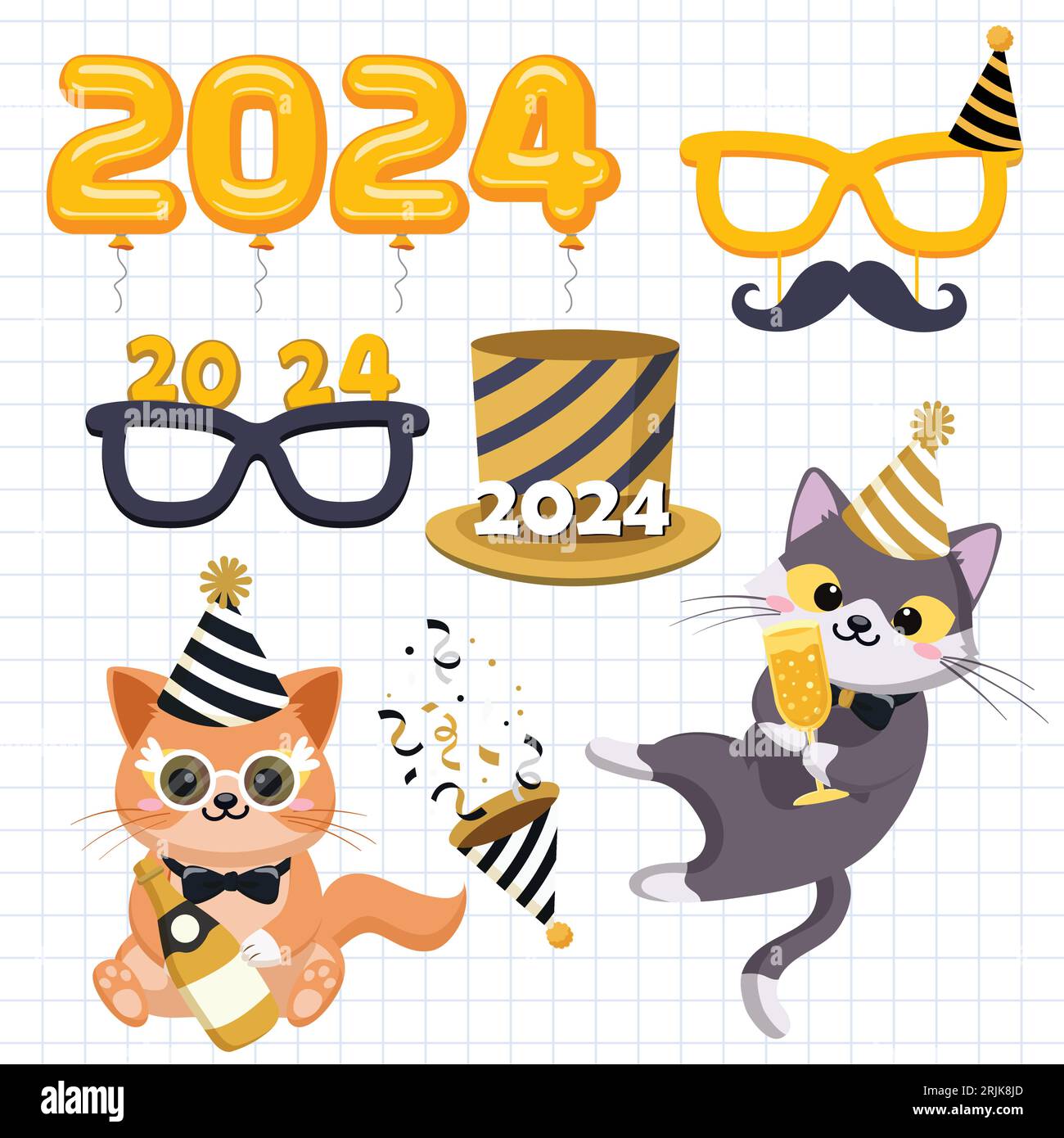 Happy New Year card with cute cartoon animals Vector illustration on ...