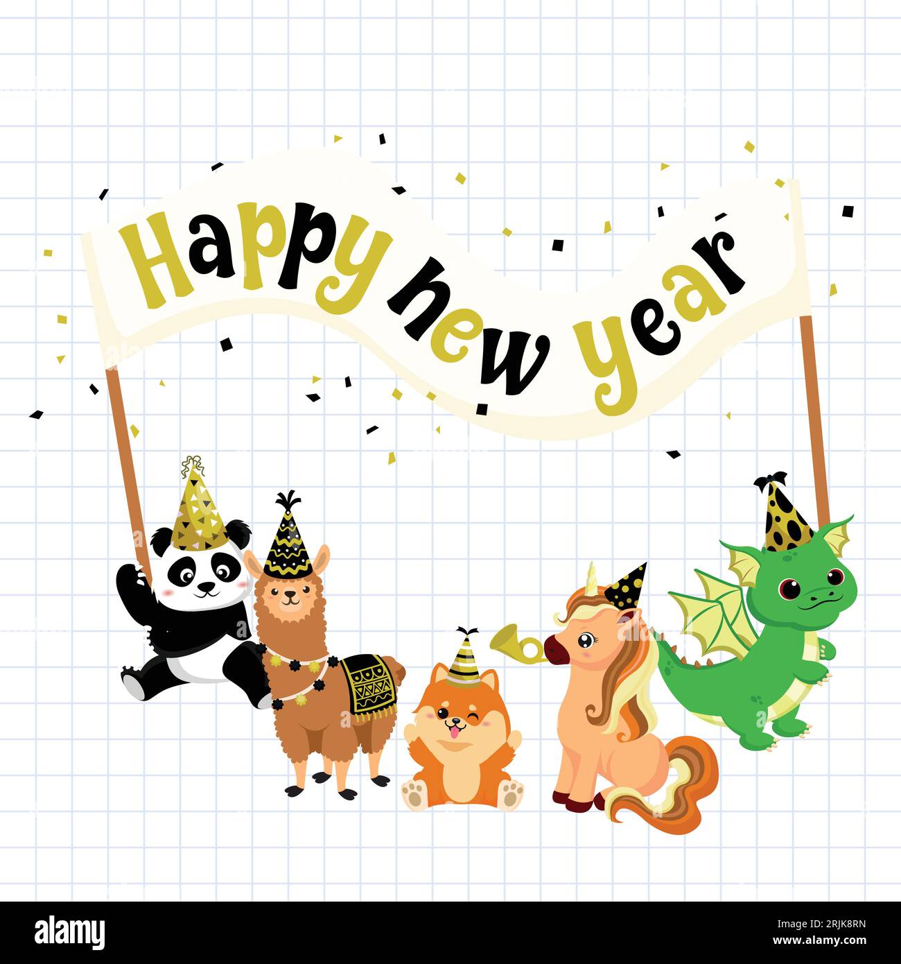 Happy New Year card with cute cartoon animals Vector illustration on ...