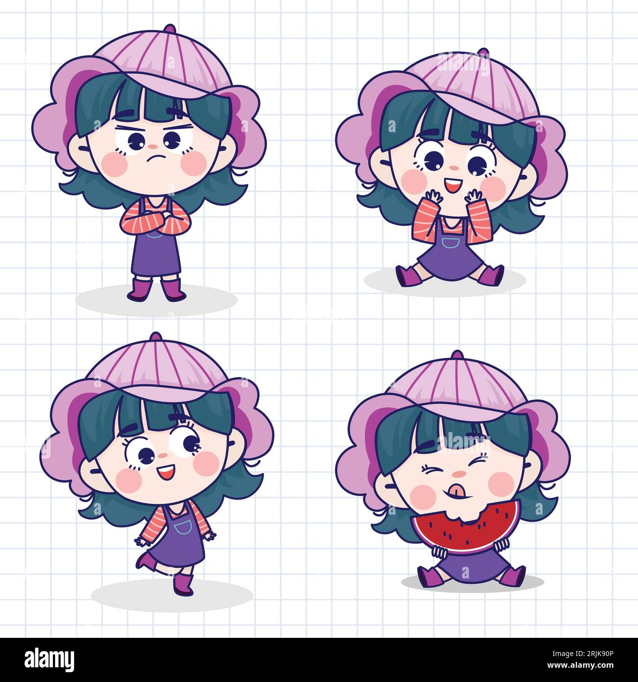 Set of cute little girl cartoon character in different poses vector ...