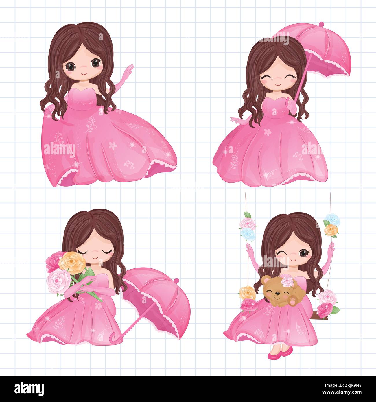 Cute cartoon girl with different facial expressions set. Vector ...