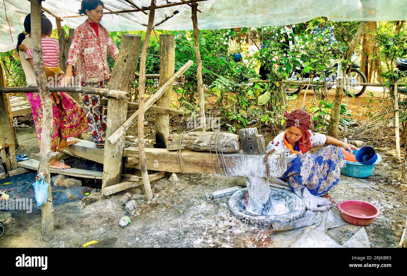 Battambang, Cambodia Feb 29, 2012. Women using a large wooden mortar