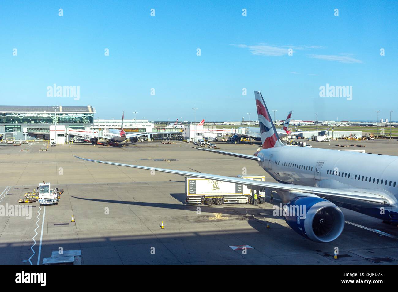British Airways aircraft at gates, Terminal 5, Heathrow Airport. London