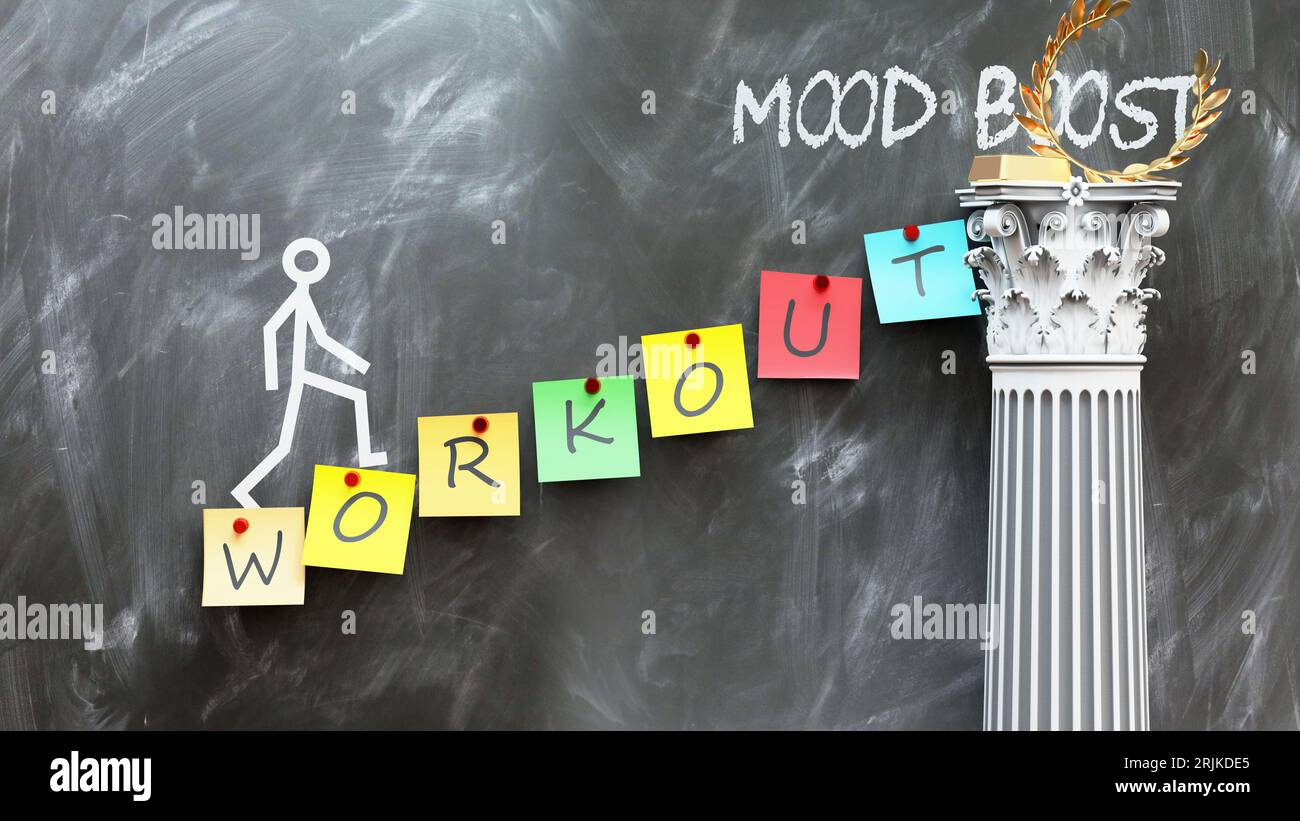 Workout leads to Mood boost - a metaphor showing how workout makes the way to reach desired mood boost. Symbolizes the importance of workout and cause Stock Photo