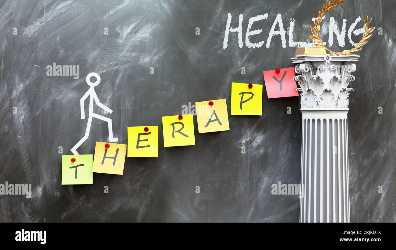 Therapy leads to Healing - a metaphor showing how therapy makes the way to reach desired healing. Symbolizes the importance of therapy and cause and e Stock Photo