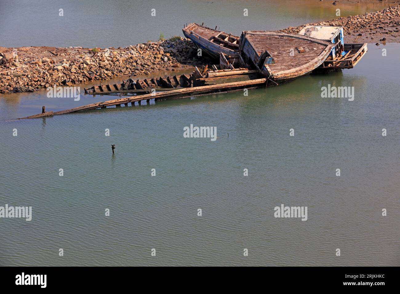 Wrecked wooden fishing boat wreckage Stock Photo