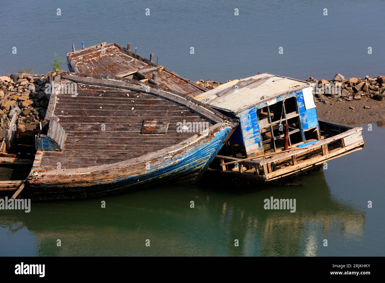 Wrecked wooden fishing boat wreckage Stock Photo