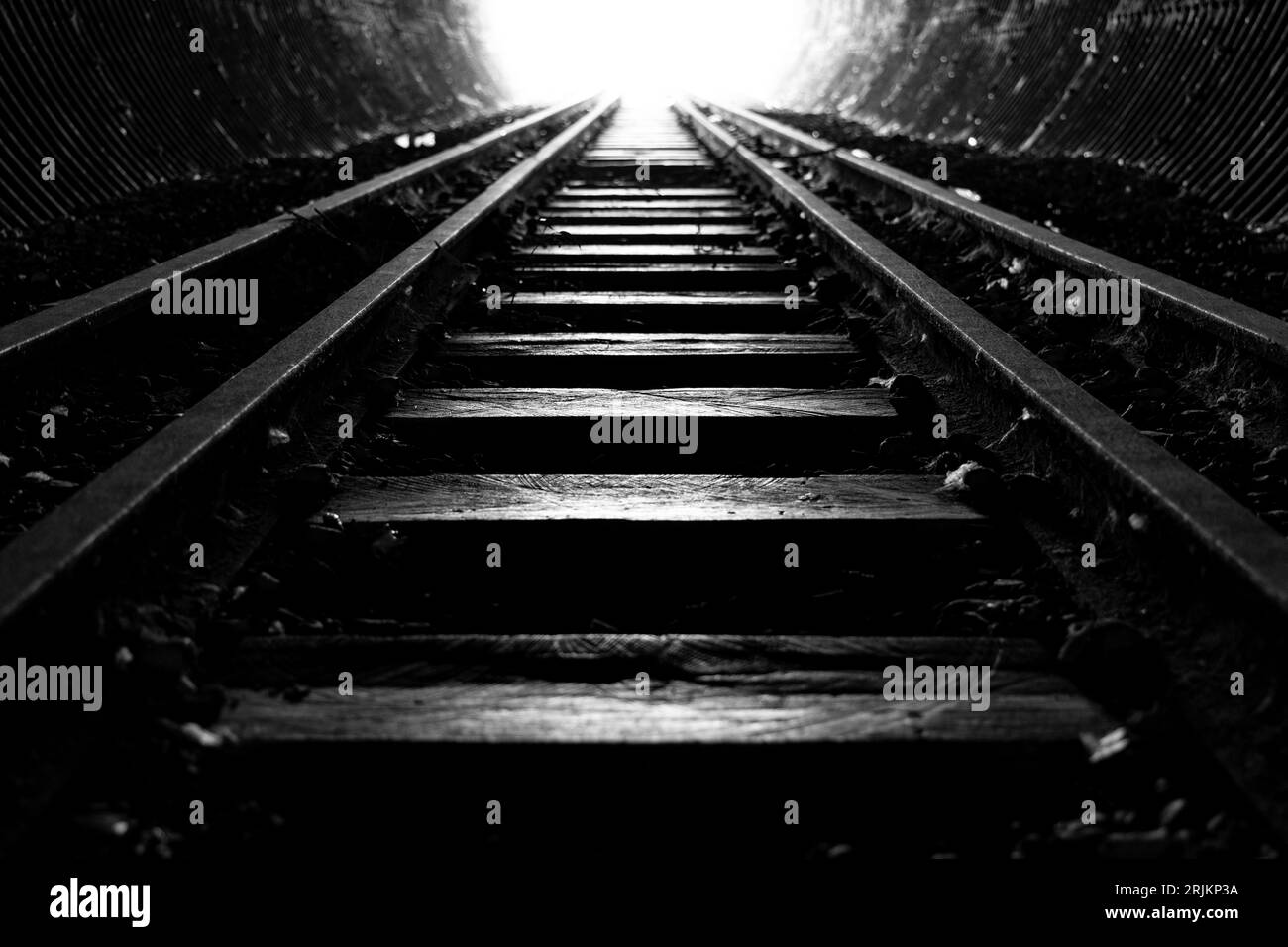 Black and White photo of old train tracks in the adelaide hills south australia on August 20th 2023 Stock Photo