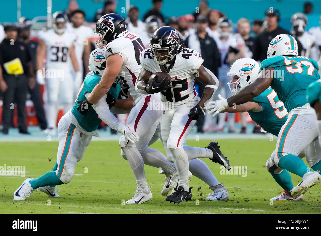 Atlanta Falcons running back Godwin Iqwebuike (42) celebrates scoring a  touchdown against the Miami Dolphins with Atlanta Falcons wide receiver  Slade Bolden (89) and Atlanta Falcons tight end Tucker Fisk (43) during