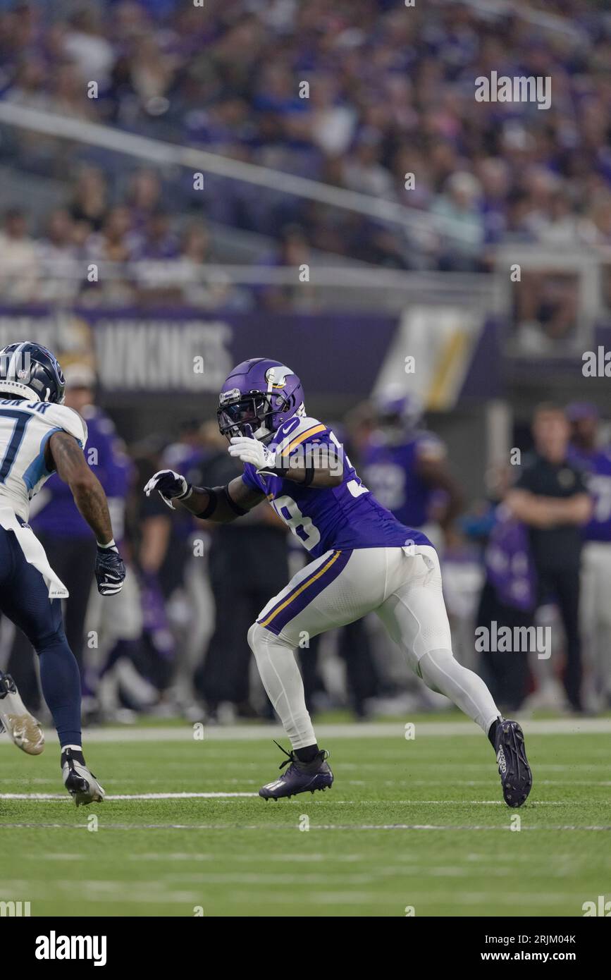 Arizona Cardinals running back Corey Clement (23) handles the ball against  Minnesota Vikings cornerback Jaylin Williams (38) during the second half of  an NFL preseason football game Saturday, Aug. 26, 2023 in