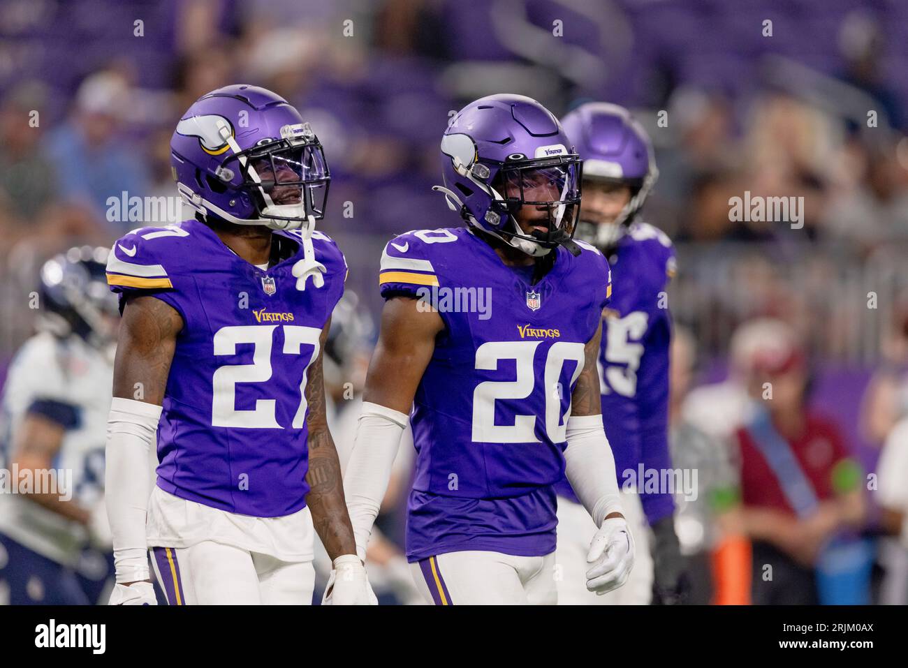 Minnesota Vikings safety Jay Ward (20) sacks Arizona Cardinals quarterback  Clayton Tune for a fumble during the first half of an NFL preseason football  game, Saturday, Aug. 26, 2023, in Minneapolis. The