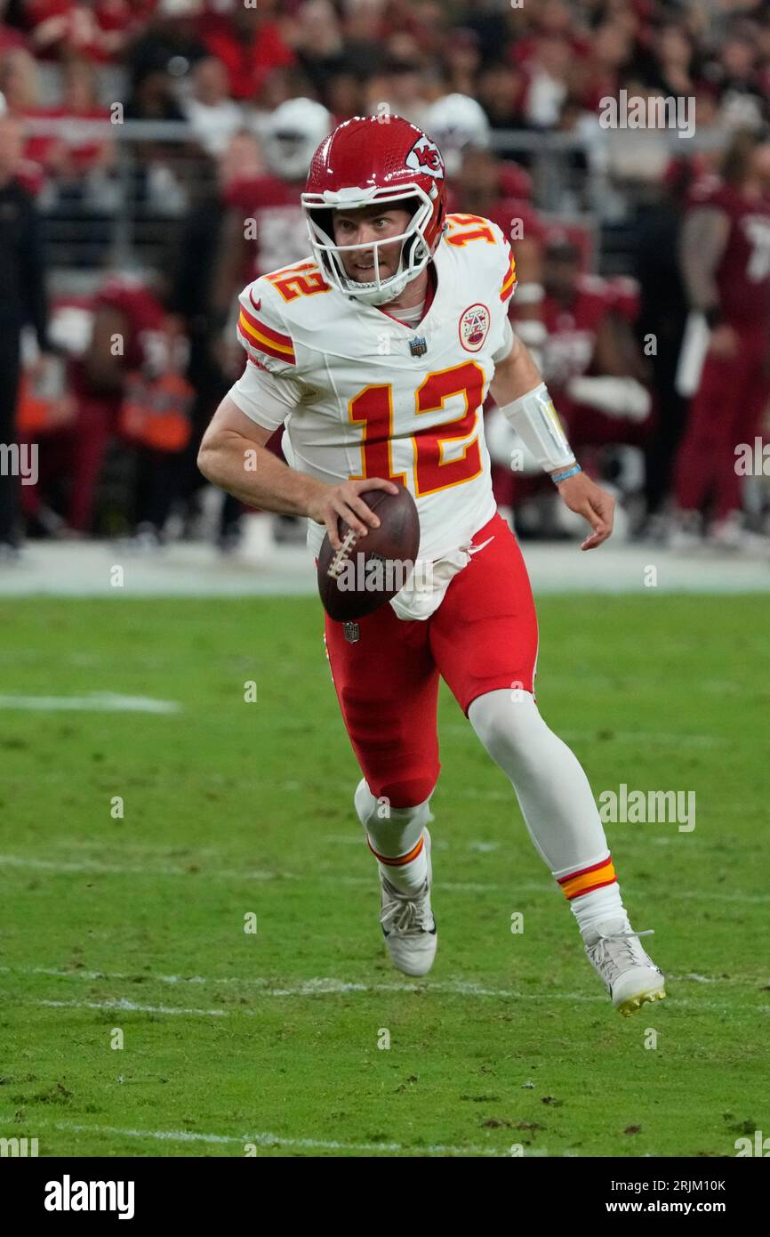 Kansas City Chiefs quarterback Shane Buechele (6) runs with the ball during  an NFL pre-season football game against the Washington Commanders Saturday,  Aug. 20, 2022, in Kansas City, Mo. (AP Photo/Peter Aiken