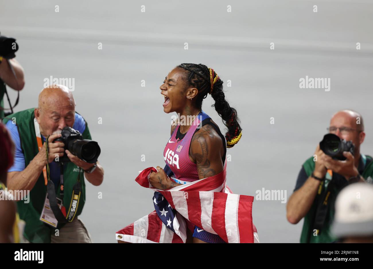 Shacarri Richardson Of United States Of America Reacts After Winning Womens 100 Meters Final Of The World Athletics Championships In Budapest Hungary On Aug 21 2023 Richardson Won With The Meet Record To Claim The Gold Medal The Yomiuri Shimbun Via Ap Images 2RJM1N8 