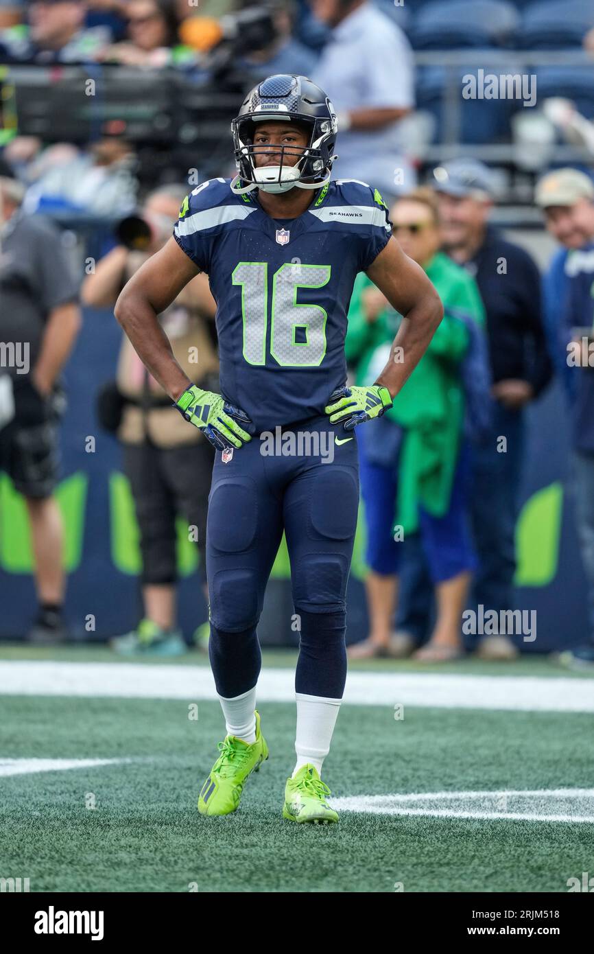 Seattle Seahawks wide receiver Tyler Lockett (16) looks on during an NFL  pre-season football game against the Minnesota Vikings, Thursday, Aug. 10,  2023 in Seattle. (AP Photo/Ben VanHouten Stock Photo - Alamy