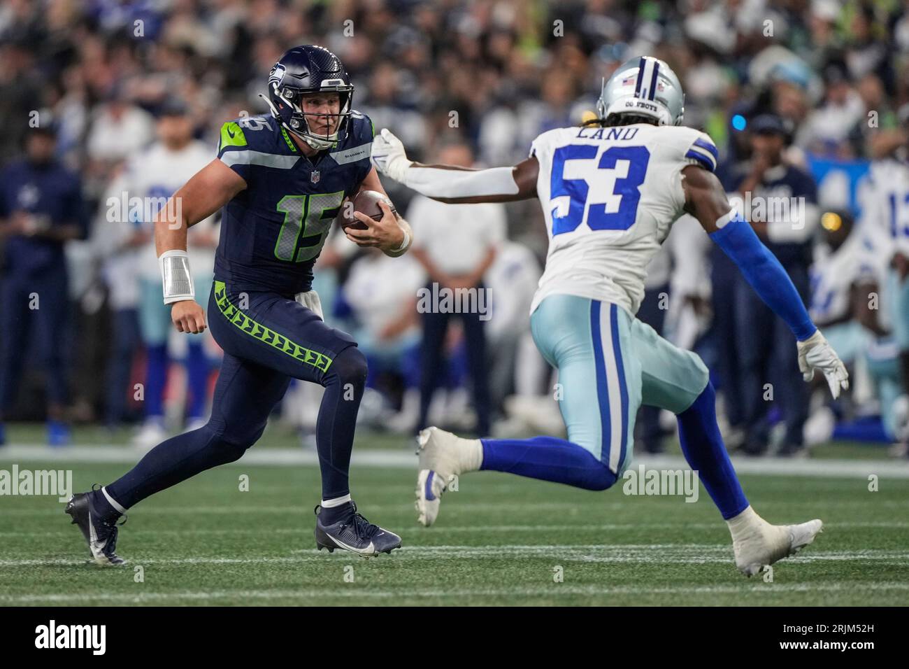 Dallas Cowboys linebacker Isaiah Land (53) is seen during the first half of  an NFL football