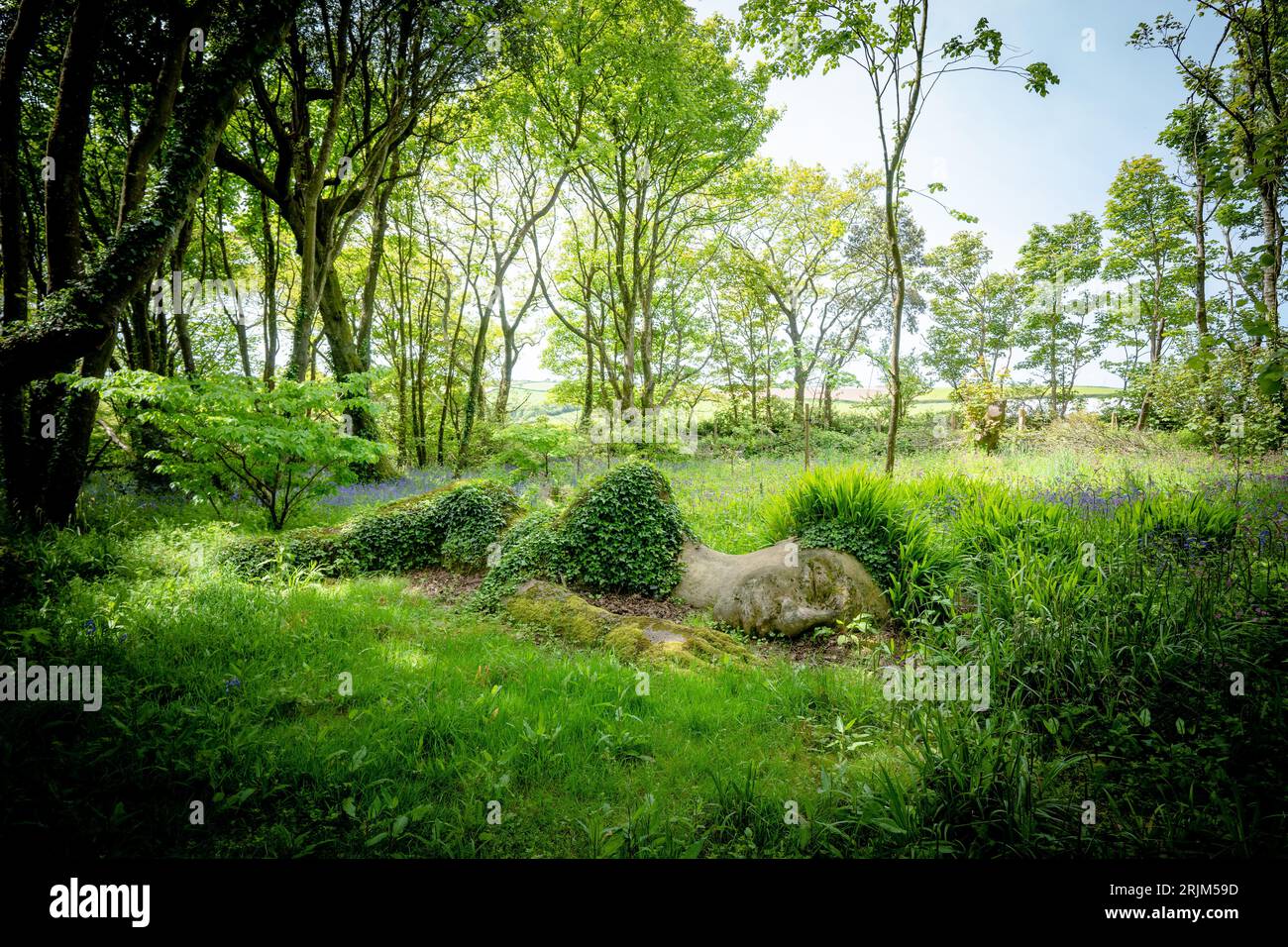 A scenic landscape featuring the 'Mud Maid' at the Lost Gardens of Heligan in Cornwall, UK Stock Photo