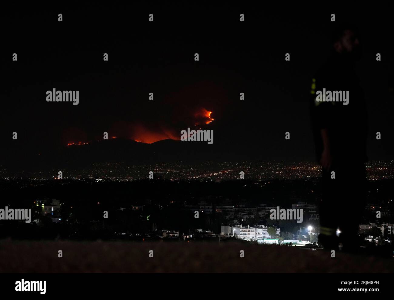 Flames burn a forest during a wildfire on Parnitha mountain near Hasia ...