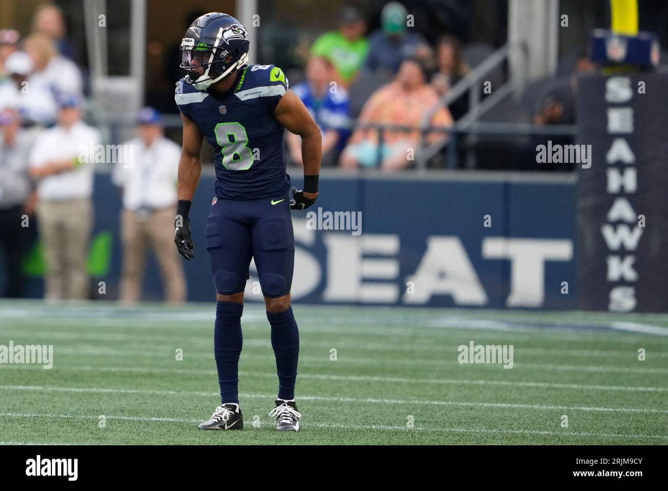 Seattle Seahawks cornerback Coby Bryant holds a football during warmups  before the NFL football team's mock game, Friday, Aug. 4, 2023, in Seattle.  (AP Photo/Lindsey Wasson Stock Photo - Alamy