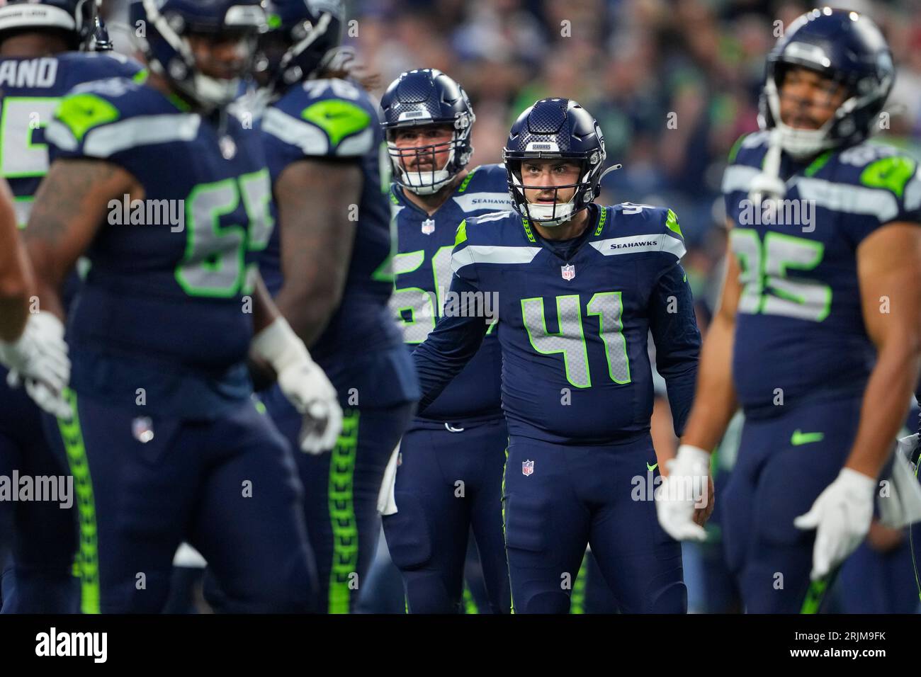 Seattle Seahawks punter Michael Dickson, left, talks with long snapper  Chris Stoll before the NFL football team's mock game, Friday, Aug. 4, 2023,  in Seattle. (AP Photo/Lindsey Wasson Stock Photo - Alamy