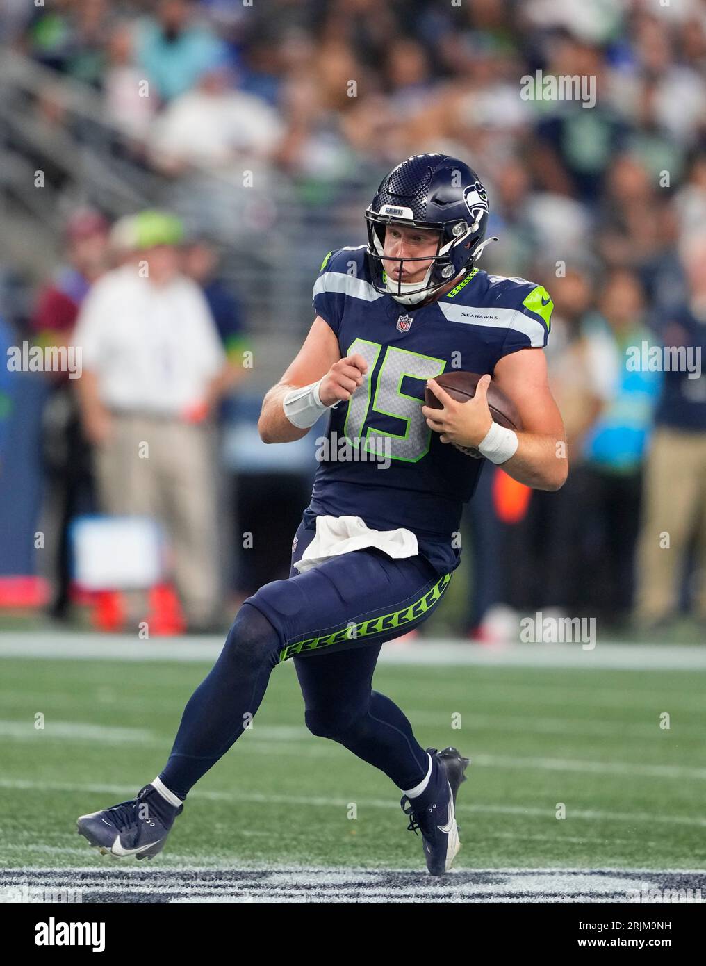 Seattle Seahawks quarterback Holton Ahlers looks to pass against the Dallas  Cowboys during the first half of a preseason NFL football game Saturday,  Aug. 19, 2023, in Seattle. (AP Photo/Stephen Brashear Stock