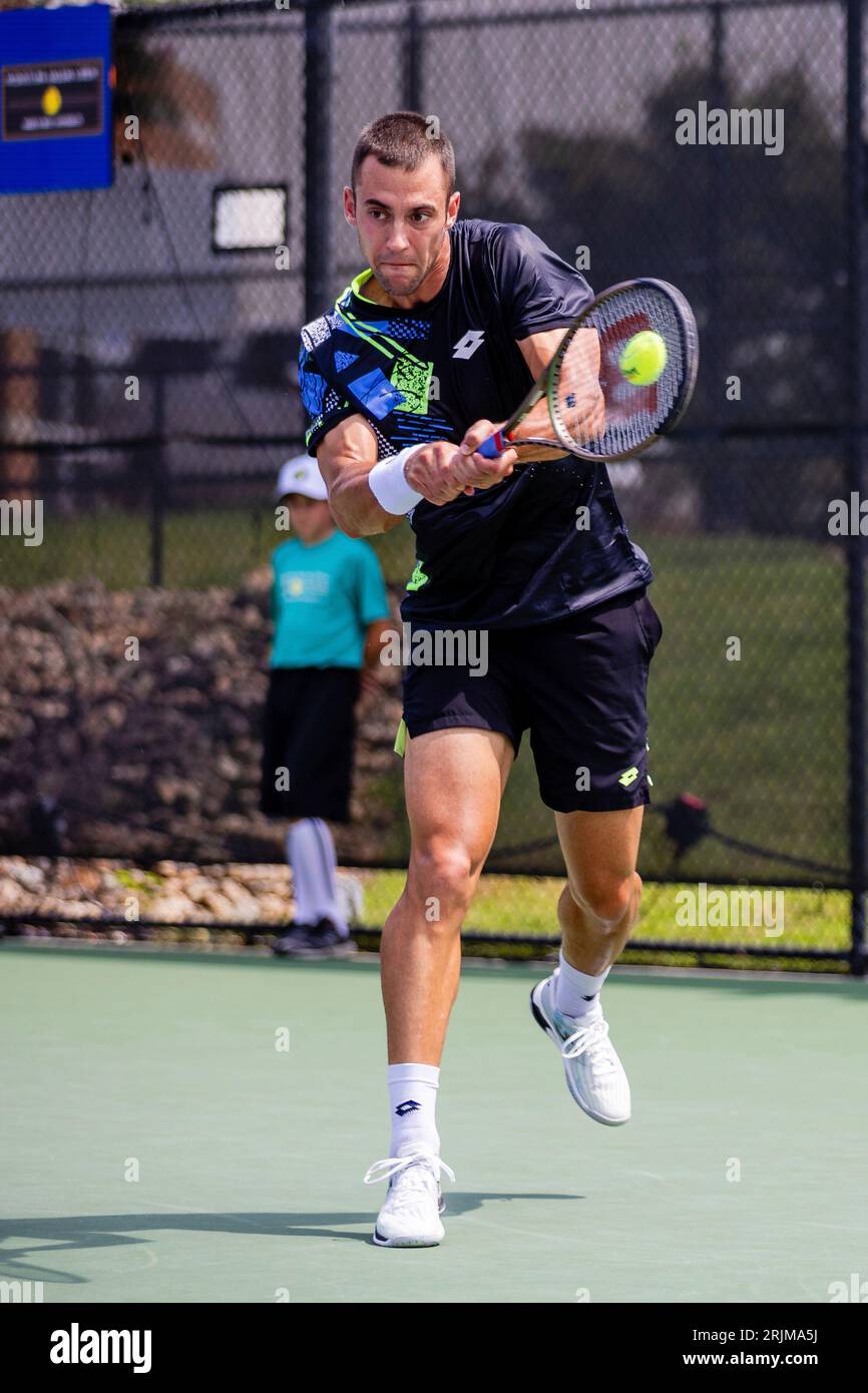 August 22, 2023 Laslo Djere returns the ball during the second round of the 2023 Winston-Salem Open at Wake Forest Tennis Complex in Wnston-Salem, NC