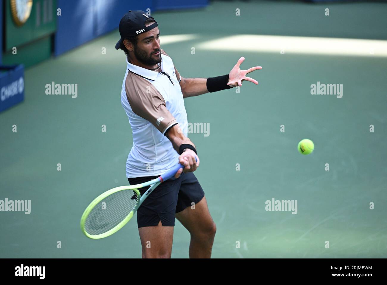 Matteo Berrettini Hits A Forehand During Practice At The 2023 US Open matteo-berrettini-hits-a-forehand-during-practice-at-the-2023-us-open