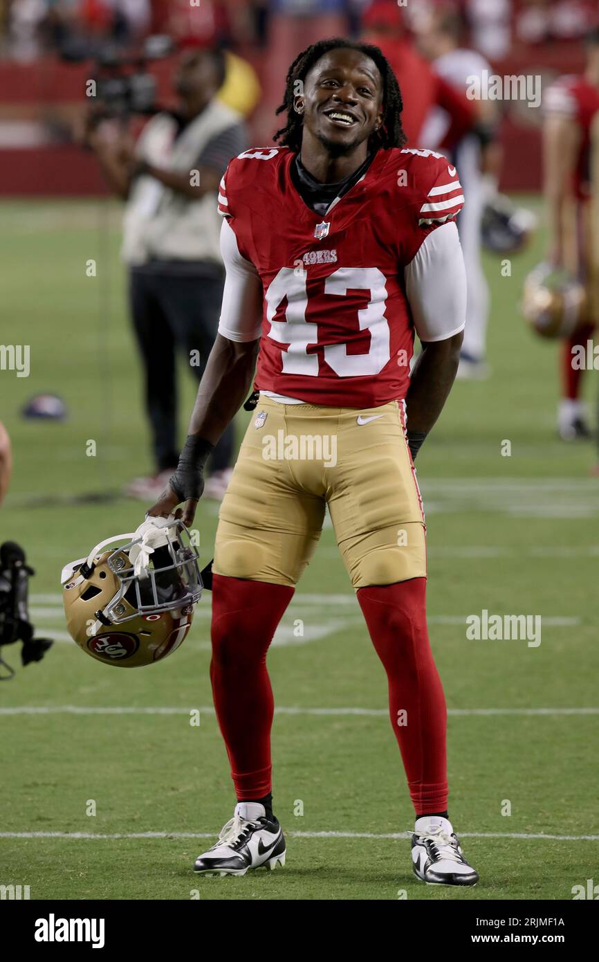 San Francisco 49ers cornerback Qwuantrezz Knight (43) signals during the  second half of an NFL preseason football game against the Minnesota Vikings  Saturday, Aug. 20, 2022, in Minneapolis. (AP Photo/Abbie Parr Stock