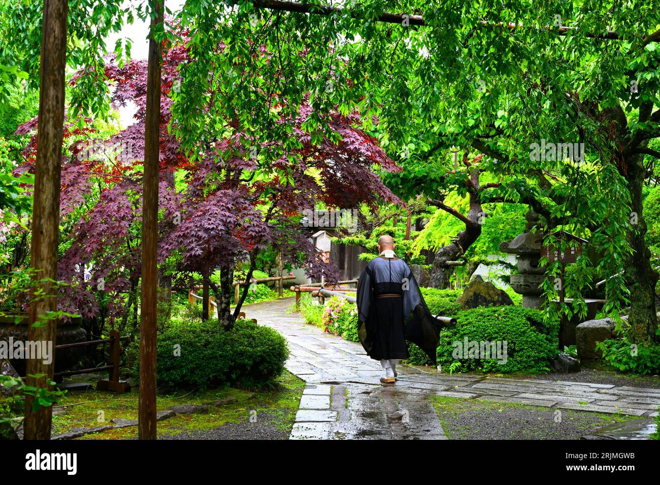 Buddhist monk at Kozenji temple,Kiso Fukushima, Japan.  Buddhism in Japan is practiced by millions of adherents from a variety of different schools, Stock Photo