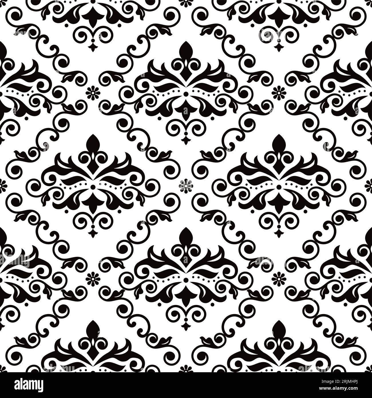 Luxury arabic Damask wallpaper or fabric print pattern, retro textile vector seamless design with flowers, leaves and swirls in black and white Stock Vector