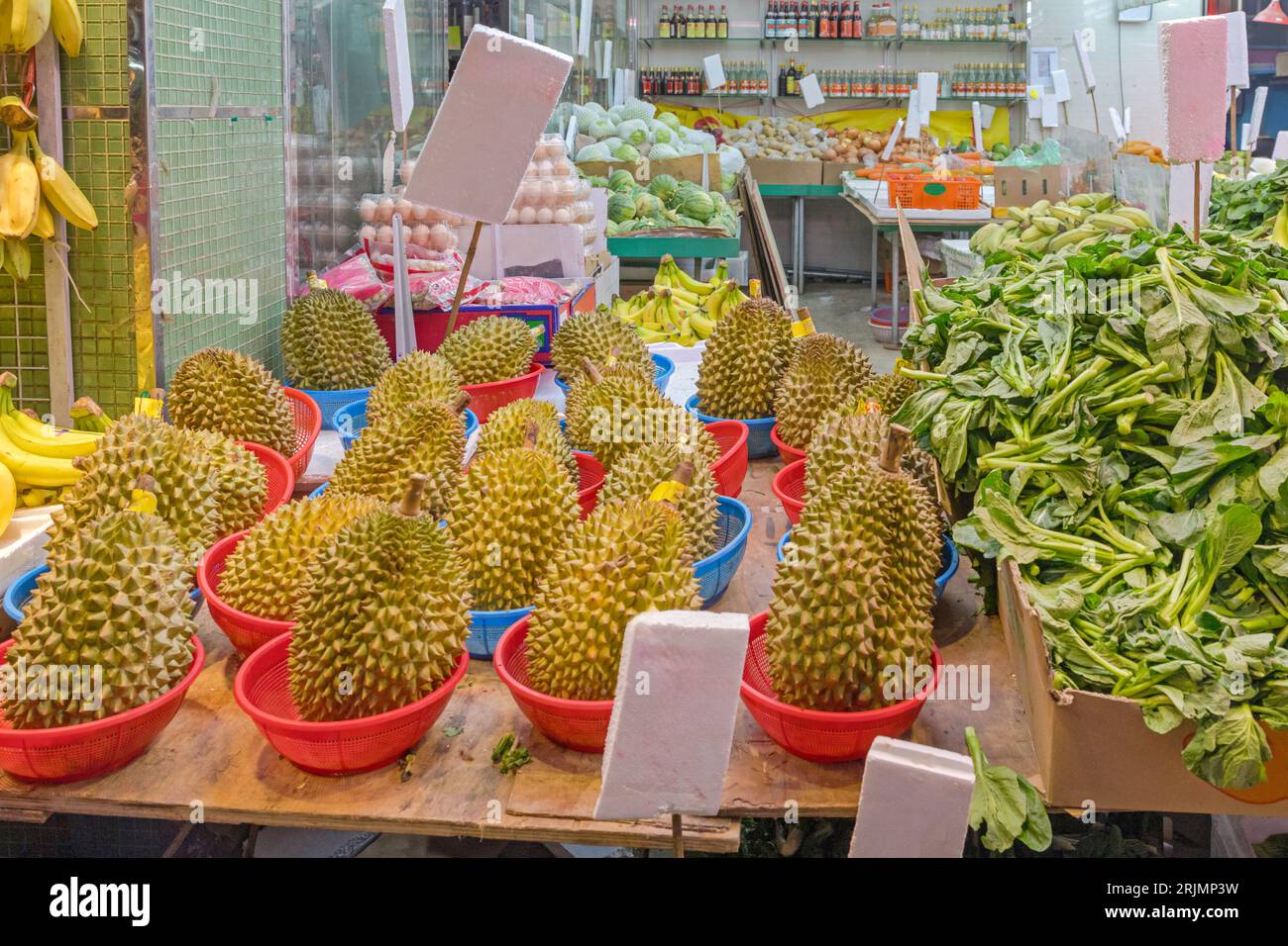 Durian Fruits Asian Market Stall in Hong Kong Stock Photo