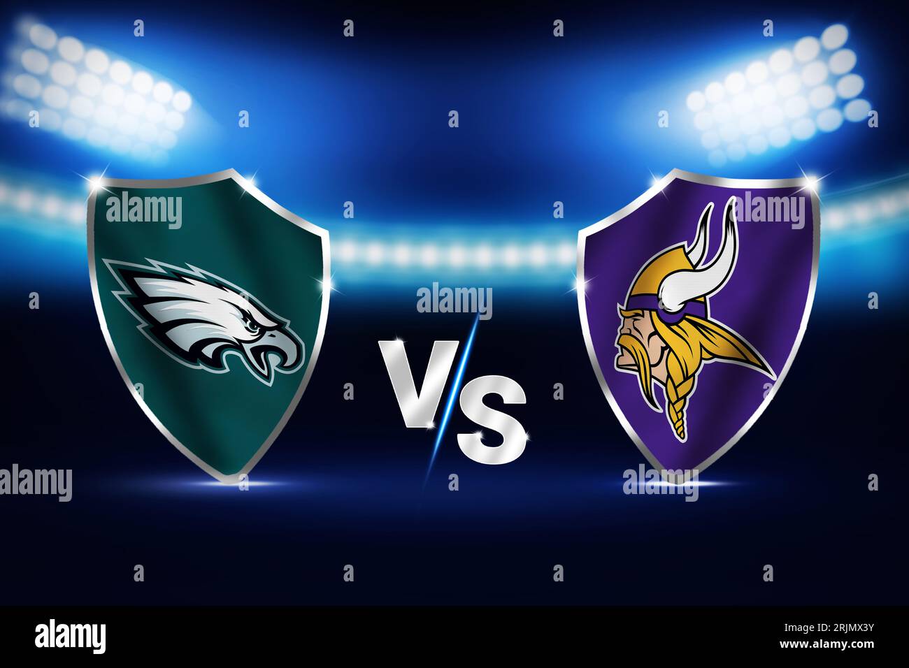 Eagles Vs Vikings football match fixture with stadium lights and flags