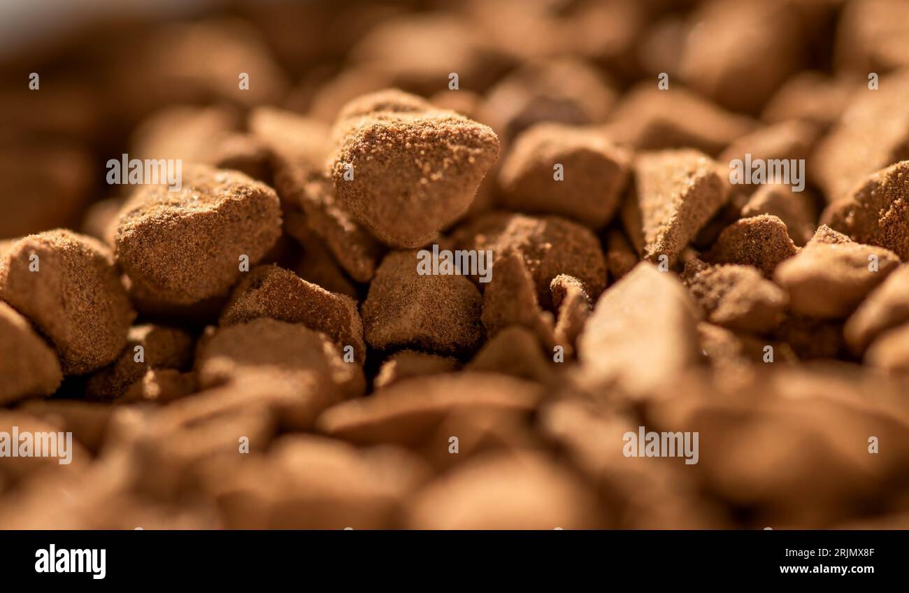 Side view and close up of freezedried instant coffe granules high