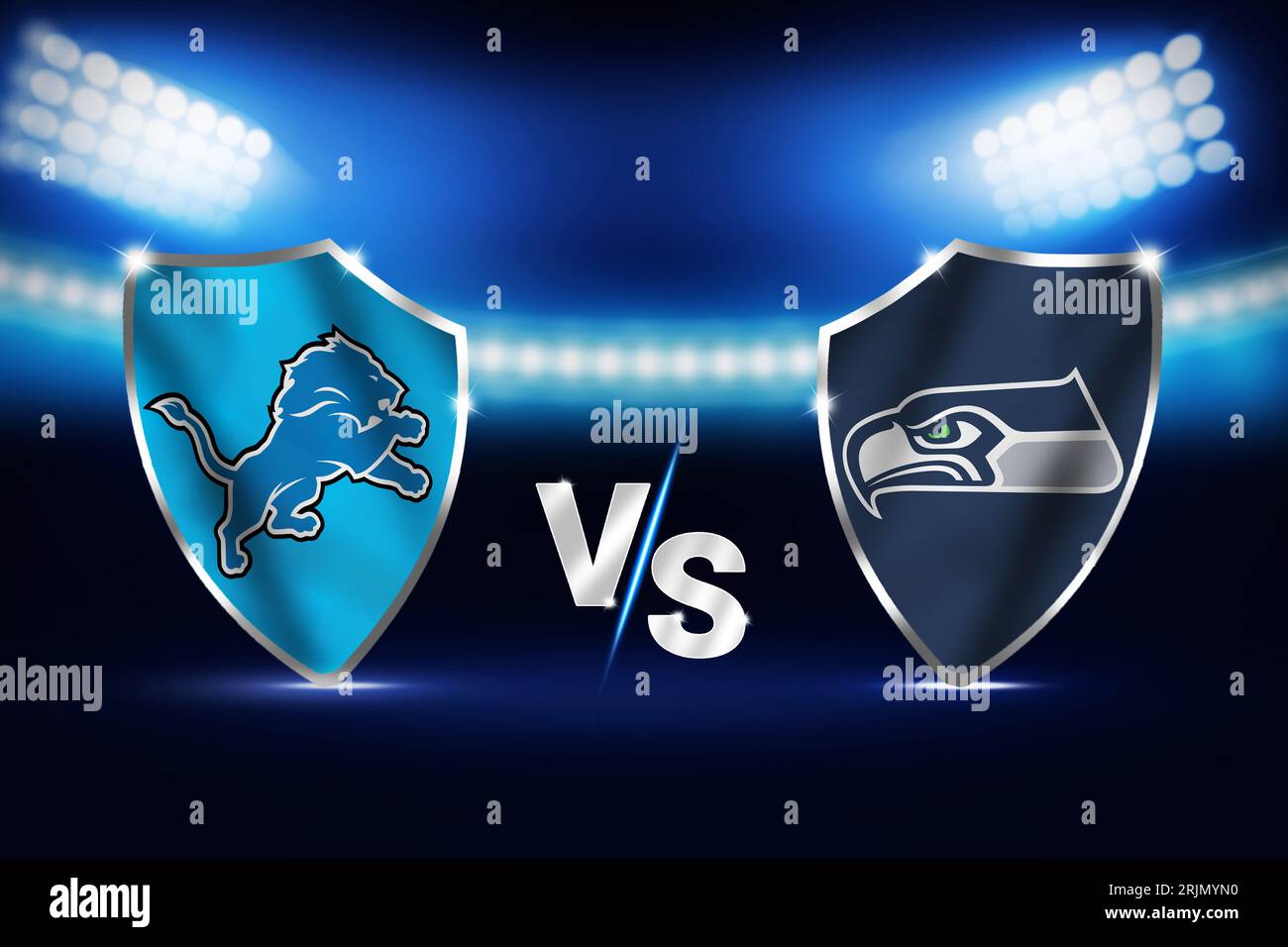 Lions Vs Seahawks football match with stadium lights and waving flags