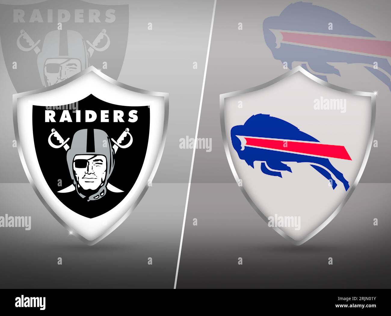 Raiders Vs Bills match fixture backdrop with shields, sports editorial