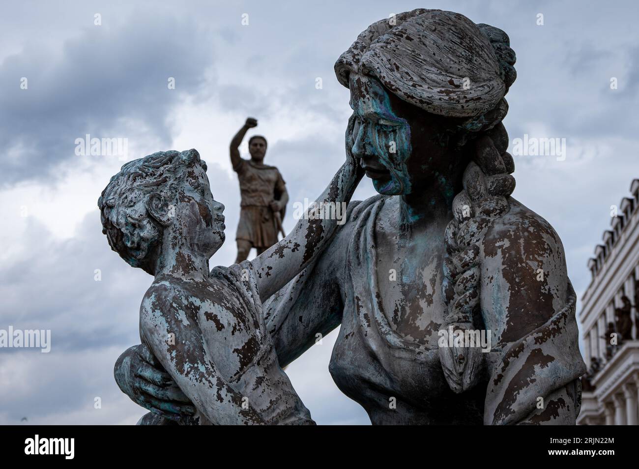 The statues of baby Alexander The Great, his mother, and his father King Philip in Skopje, Macedonia Stock Photo