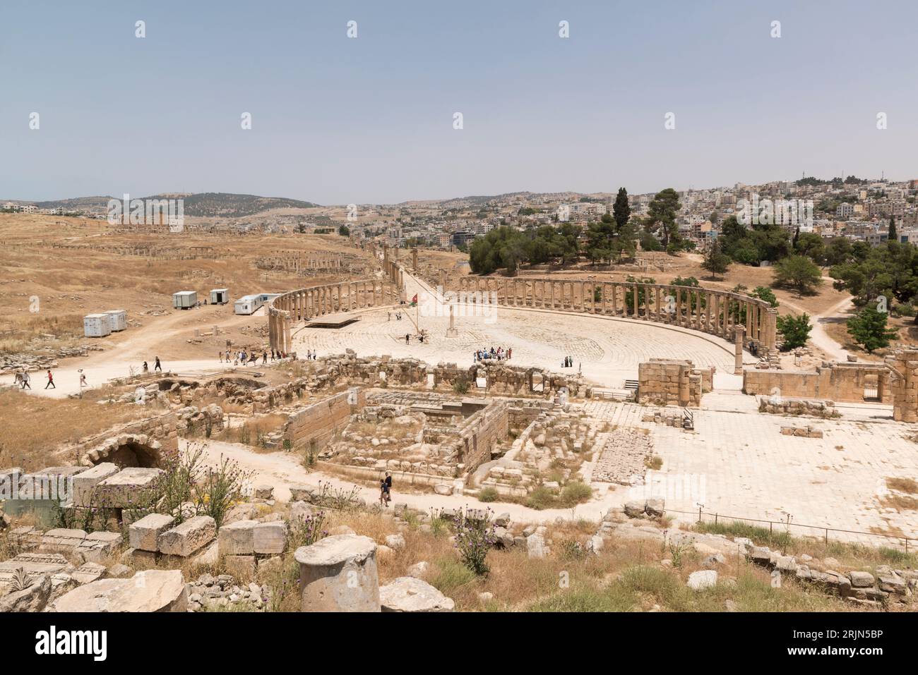 The Oval plaza, seen from the Temple of Zeus, in the ancient Greco-Roman city of Gerasa  in present day Jerash, Jerash Governorate, northern Jordan Stock Photo