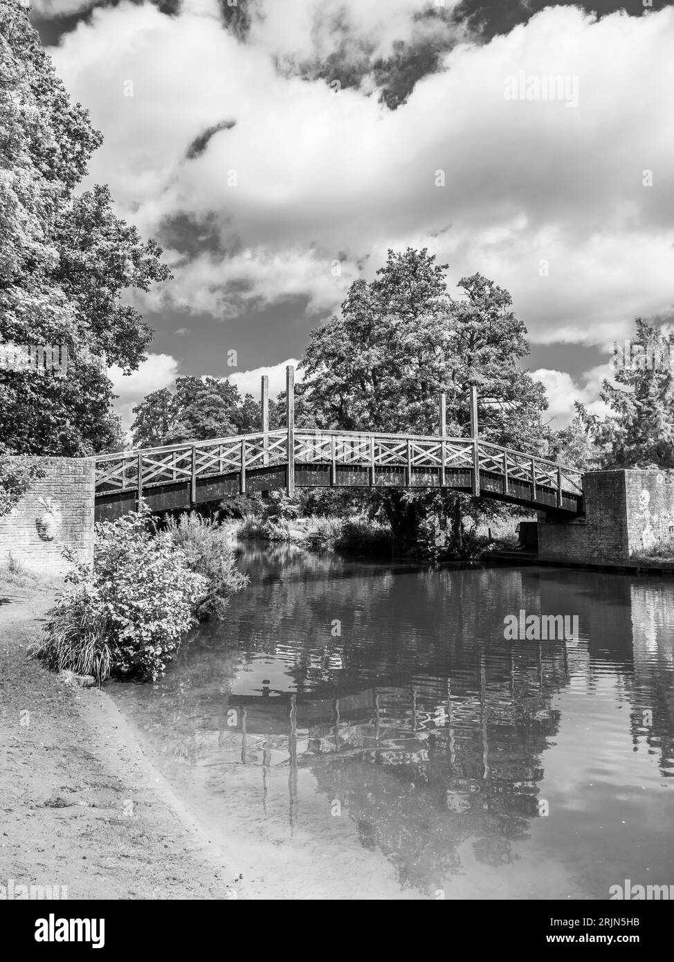 Black and White Landscape, Footbridge crossing River Wey, Guildford, Surrey, England, UK, GB. Stock Photo