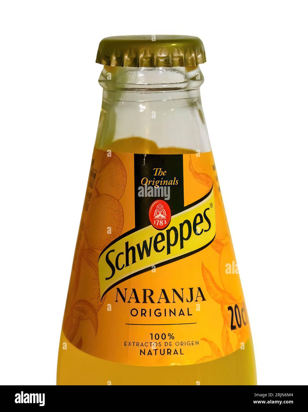 Oviedo, Spain, Label in a bottle of Schweppes orange carbonated drink Stock Photo